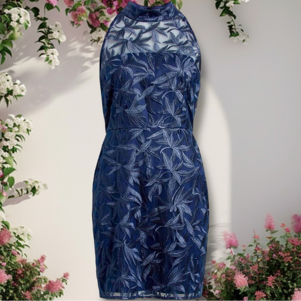Nwt Sam Edelman ‘Leafy Embroidery Halter Neck Mini Dress’ In Navy Blue Size 6